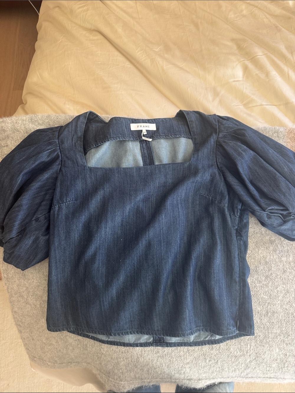 Frame Denim Navy Denim Puff-Sleeve Square Neck Blouse size M